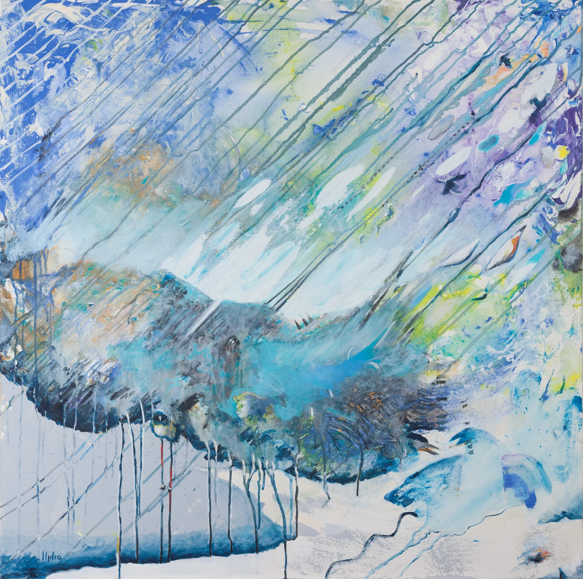Slanting, rain-like strokes run from upper right to lower left across a field of blue, turquoise, and white. Across the middle lies a dark blue-green coastal or mountain form, from which paint runs downward in long tracks. Violet zones appear at upper right, with yellow-green lights between them and pale gray-white below.