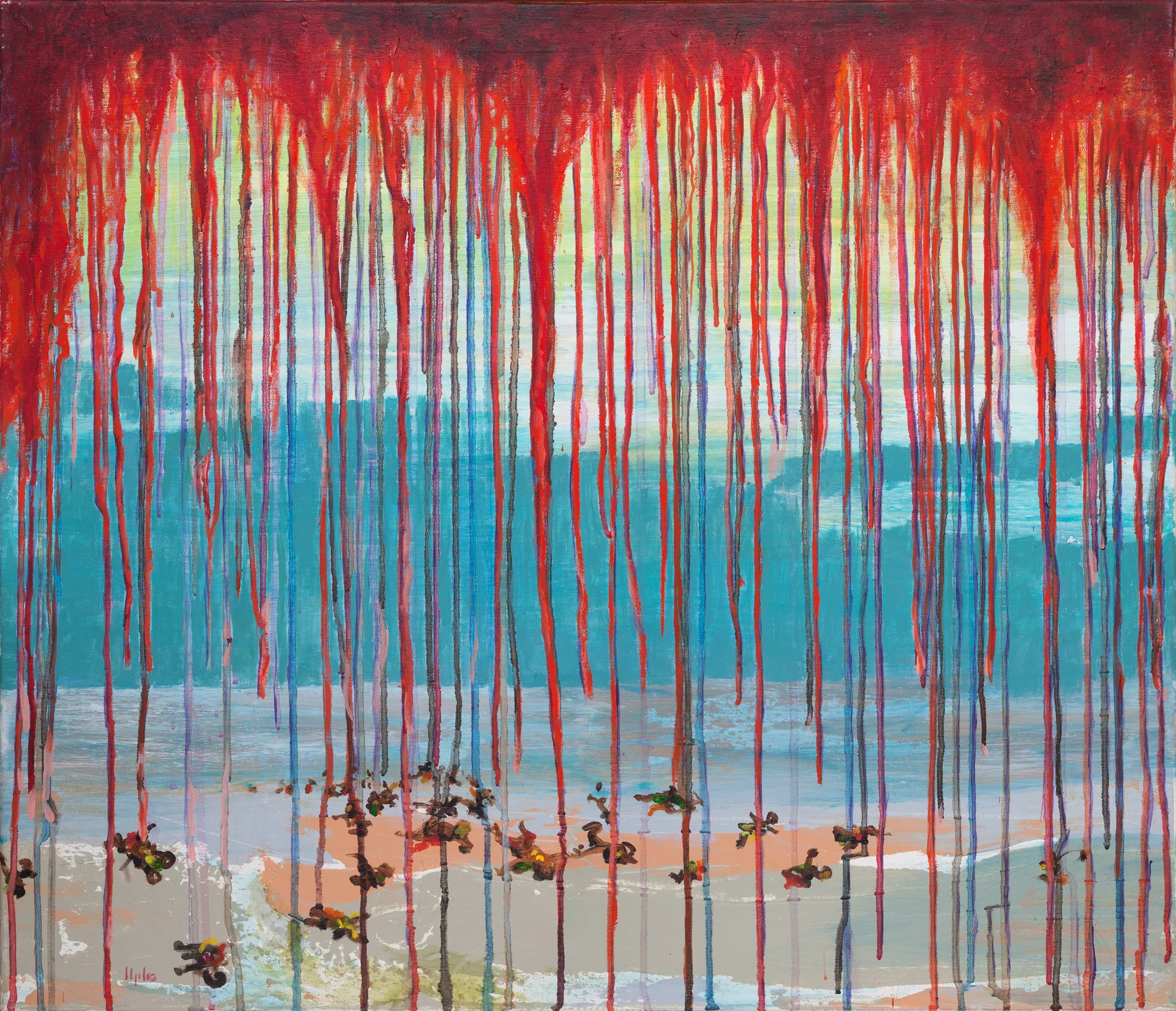 From a rich red band along the upper edge, long drops of paint run straight downward in dense rows, red, violet, and brown. They pass over a calm field of turquoise and pale blue-gray that shifts into sand tones below. At the very bottom, between the drops, many small brownish figures lie like flotsam.