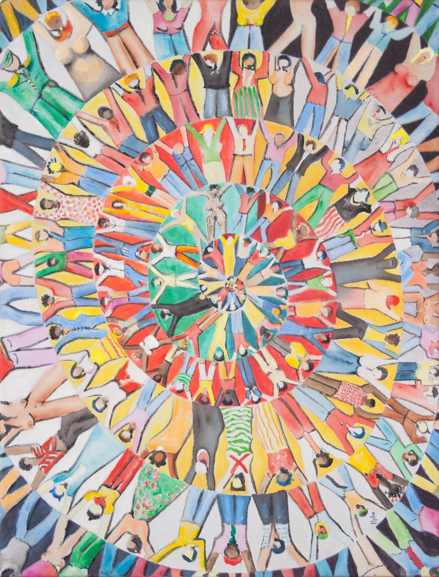 Hundreds of small people form concentric rings around a tiny center, feet pointing inward and heads outward. Each figure is individually painted and dressed differently, in red, yellow, blue, green, and pink. The figures grow larger toward the outside, creating a pull toward the center.