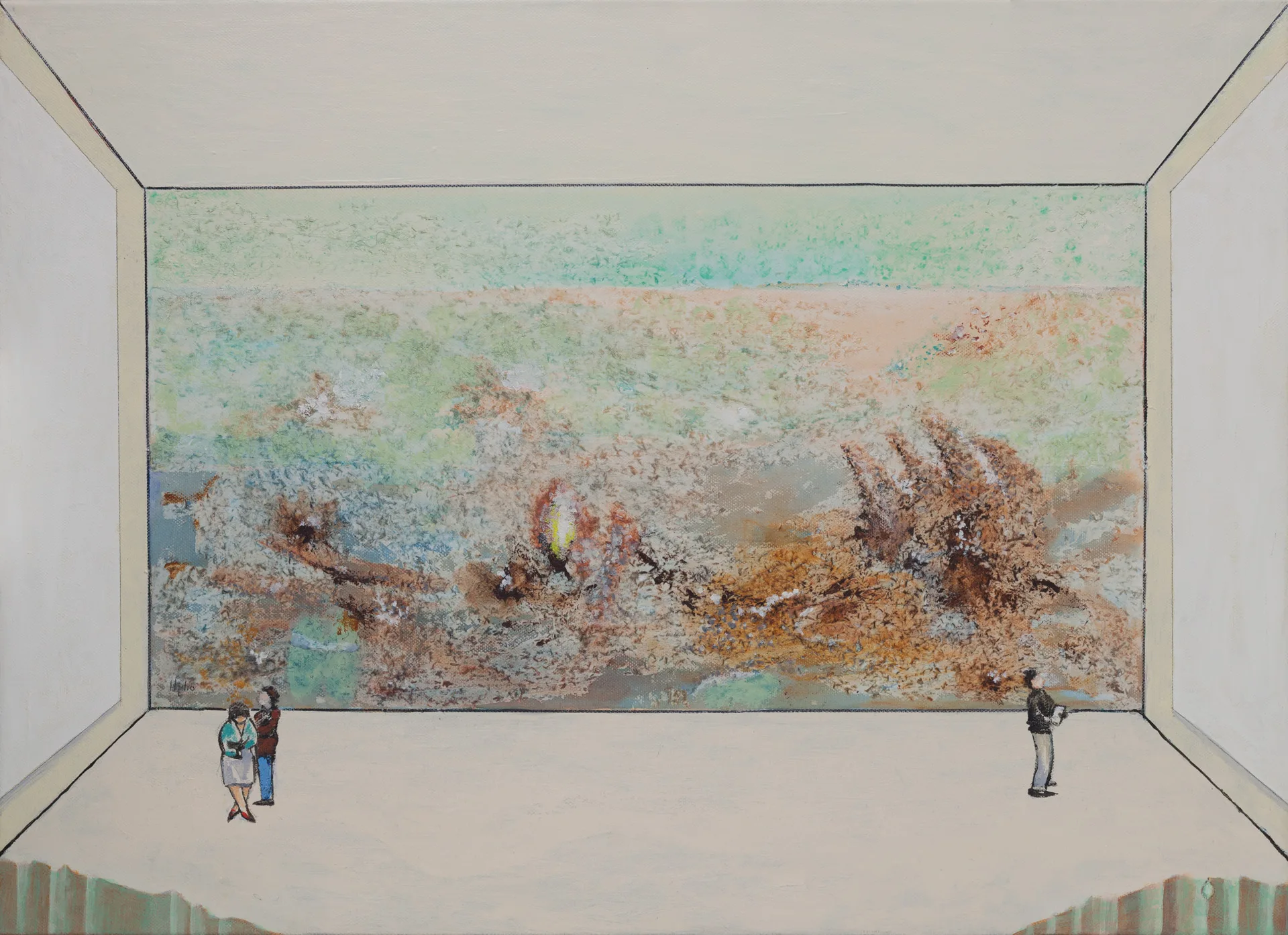 A painted exhibition room, with a wide horizontal picture on the back wall: inside it, a loosely dotted landscape in mint green, sand, and rust brown with a small yellow glow at the center. In front stand a couple on the left and a single person on the right, all very small compared with the picture.