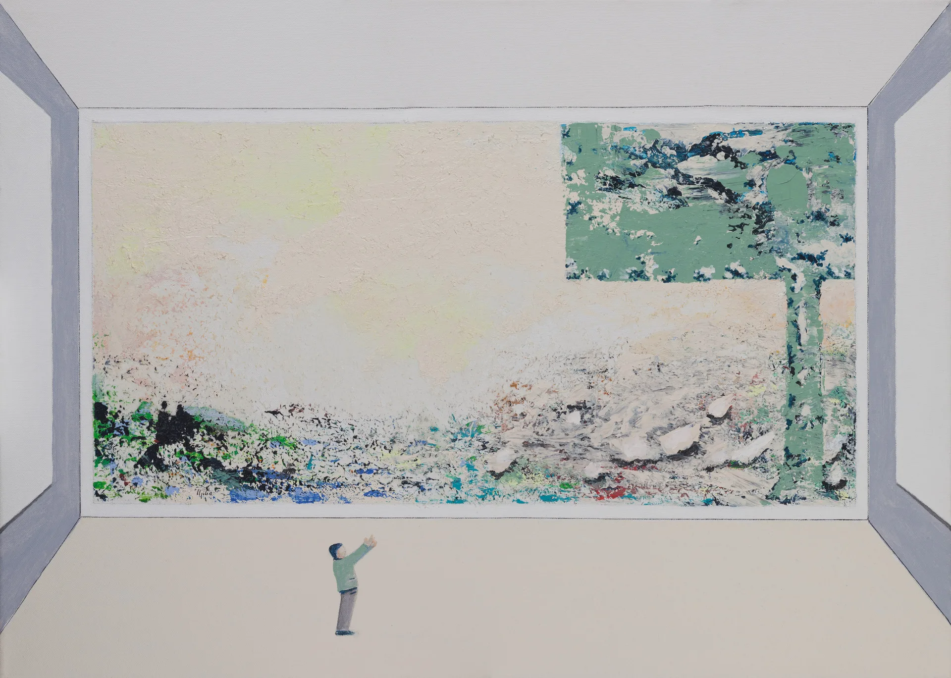 A painted exhibition room. On the back wall, a wide picture that remains almost empty on the left and at the top, creamy white with a hint of yellow and pink; only along the lower edge and at upper right does it condense into green, blue, and black dots. In front stands a small figure with raised arms.