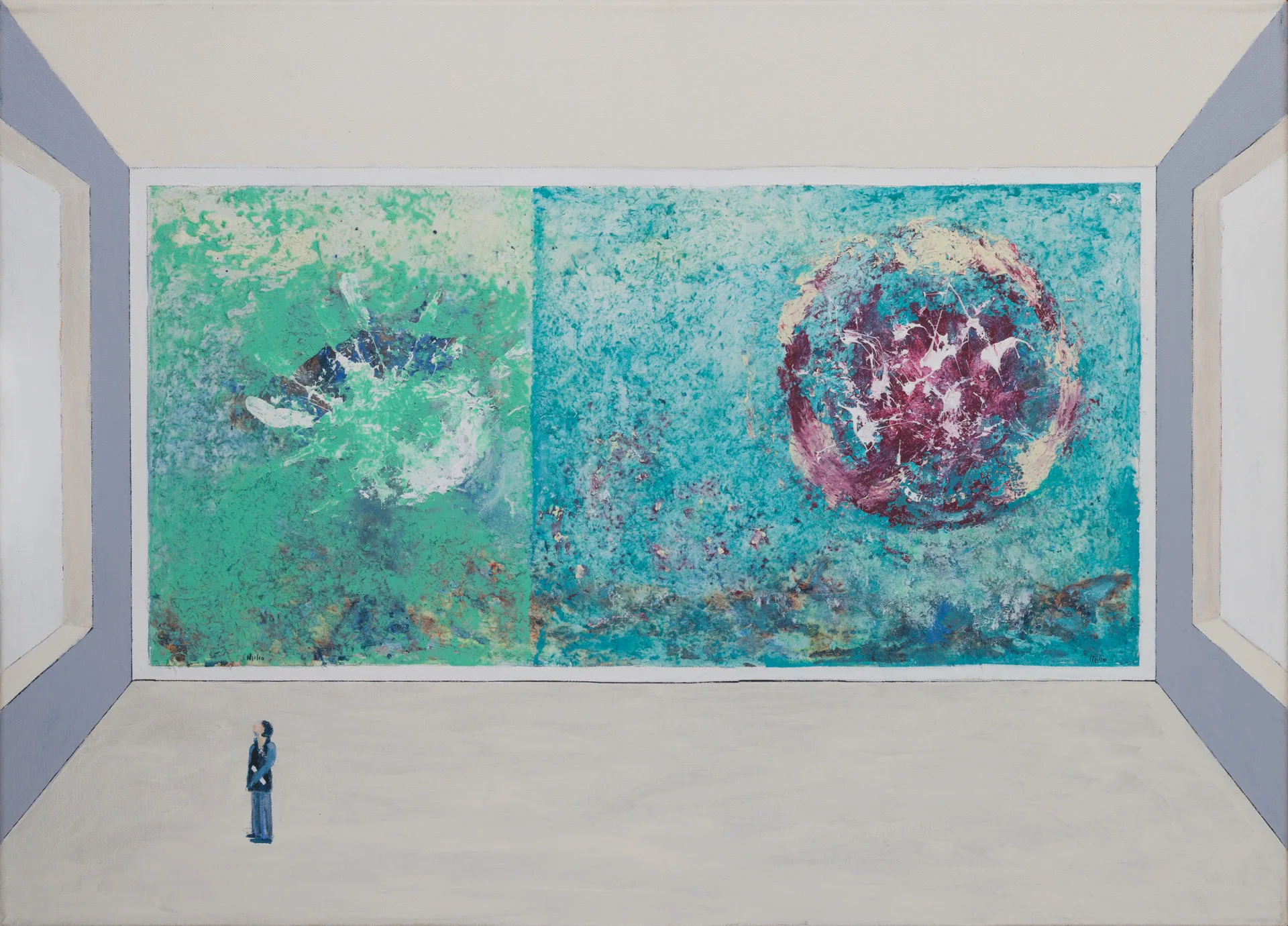 A painted exhibition room with gray wall edges. On the back wall hang two pictures side by side: on the left, a green field with a blue inclusion; on the right, a turquoise one with a large wine-red sphere. At lower left in the empty room, a single small figure stands and looks upward.