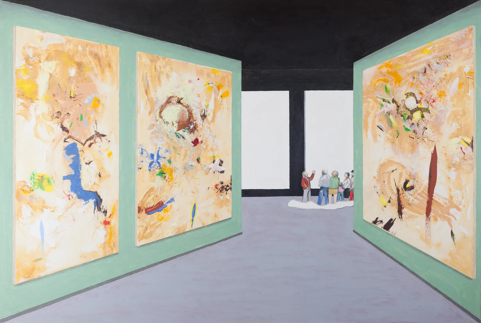 A painted exhibition room: mint-green walls, gray floor, black ceiling. On the walls, three large pictures in sand, cream, and ocher tones with blue, yellow, and green color inclusions. In the background, a bright doorway; in front of it, a group of small figures, the foremost raising an arm as if explaining.