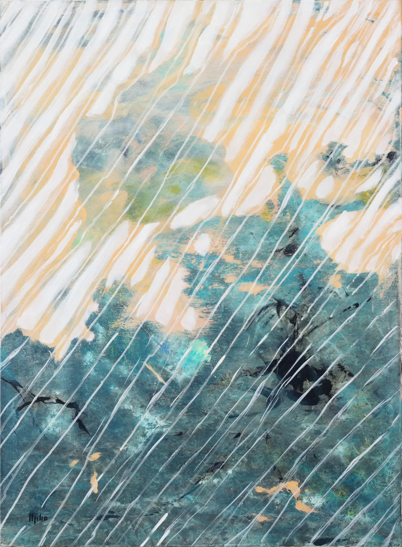 Densely placed white and apricot strokes fall like rain from upper left to lower right across the whole picture. Beneath them lies a surface that is pale and sandy at the top and shifts downward into deep petrol green, with black forms at lower right and isolated ocher patches.