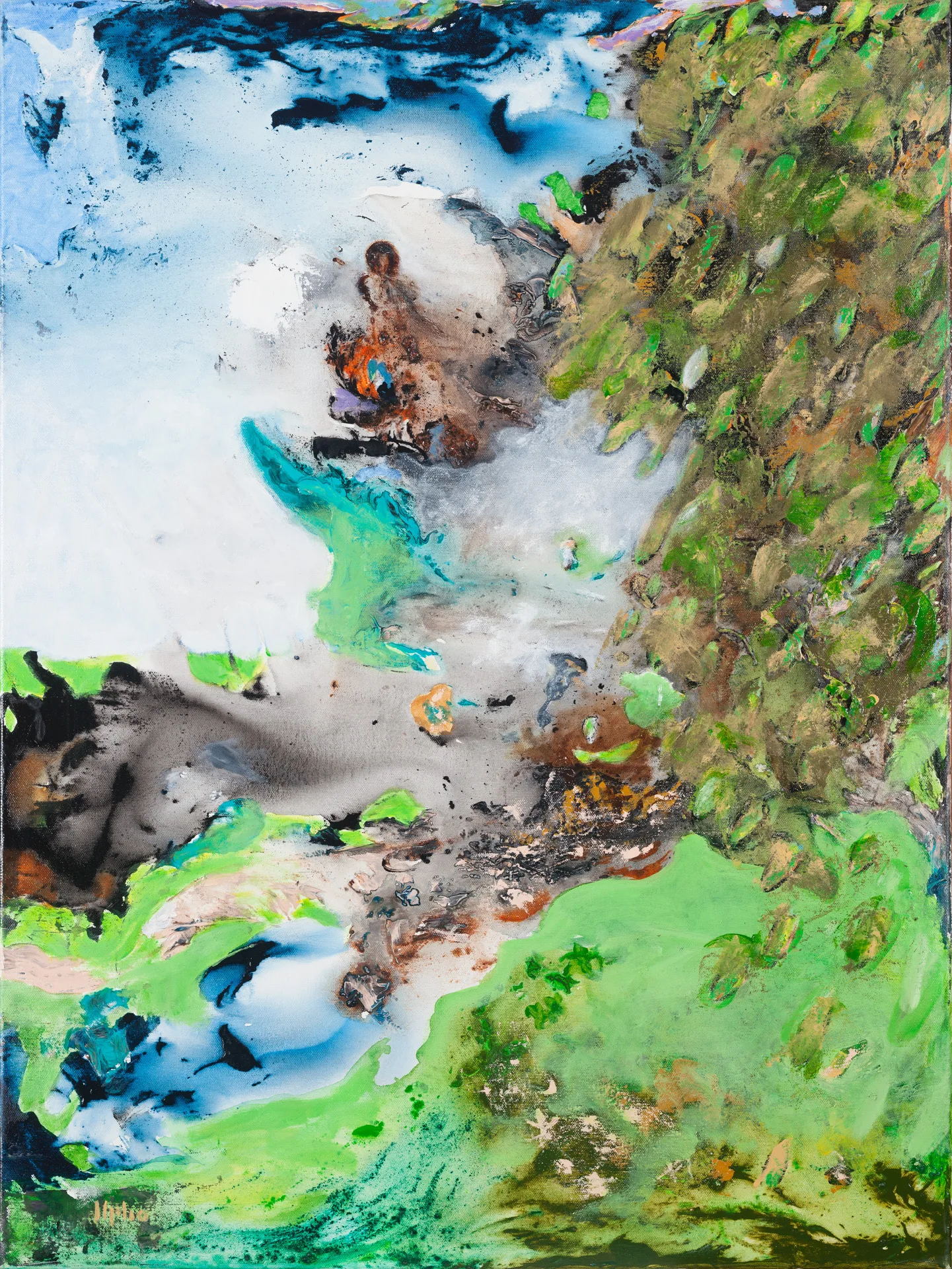 A portrait-format work that resembles a view from above onto shore and water. On the left and in the center, pale silvery flowing areas in white, gray, and light blue; on the right, a dense impasto wall of green, olive, and brown. Between them, rust-red and black clusters; at the bottom, a strong light green spreads outward.