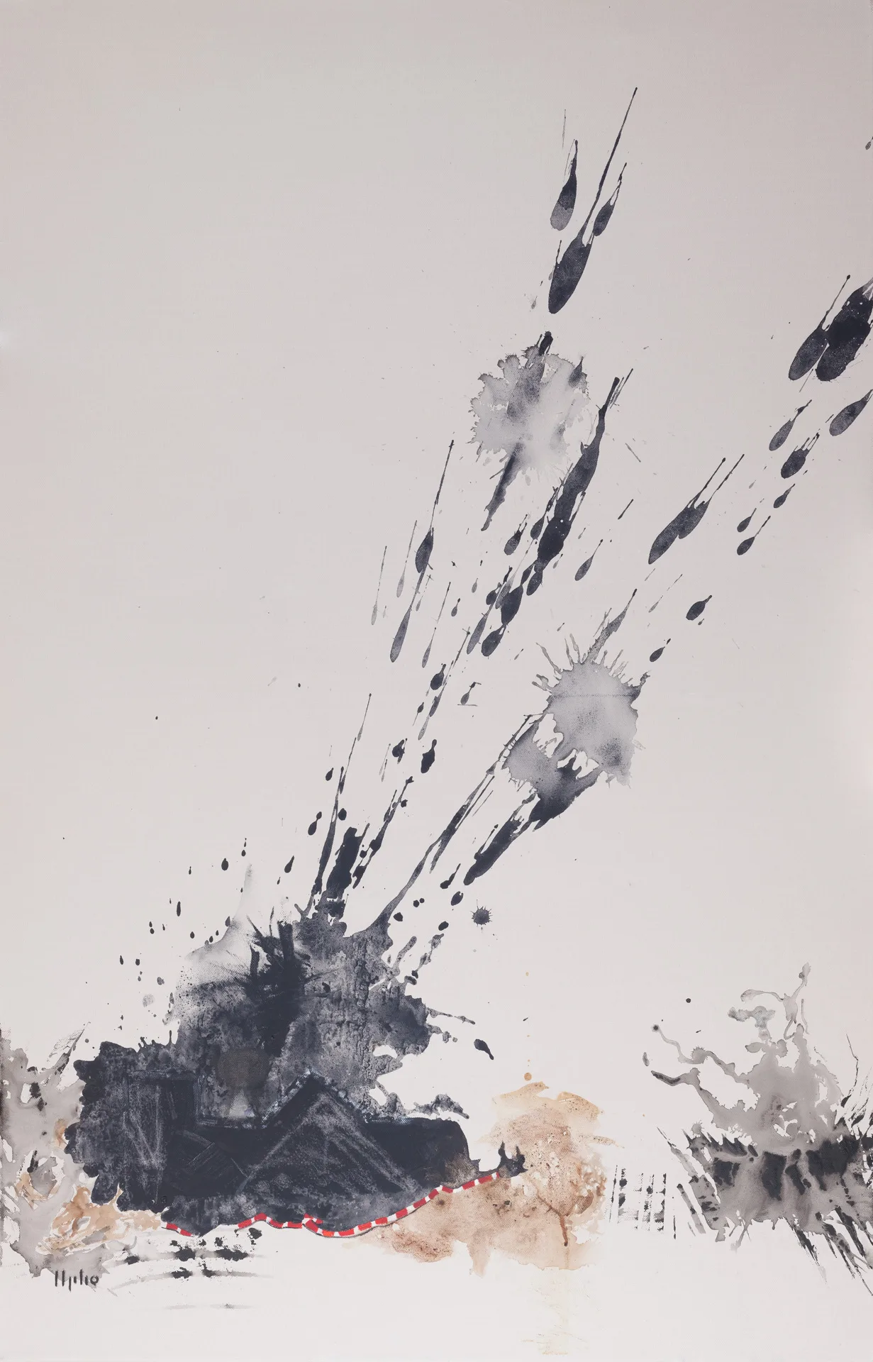 On a pale gray, almost empty ground, a black densely worked mass lies at lower left with a red-white dashed edge. From it, a fountain of ink splashes shoots diagonally toward the upper right, from large blots to fine drops. At lower right, a second pale gray cluster; between them, ocher patches.