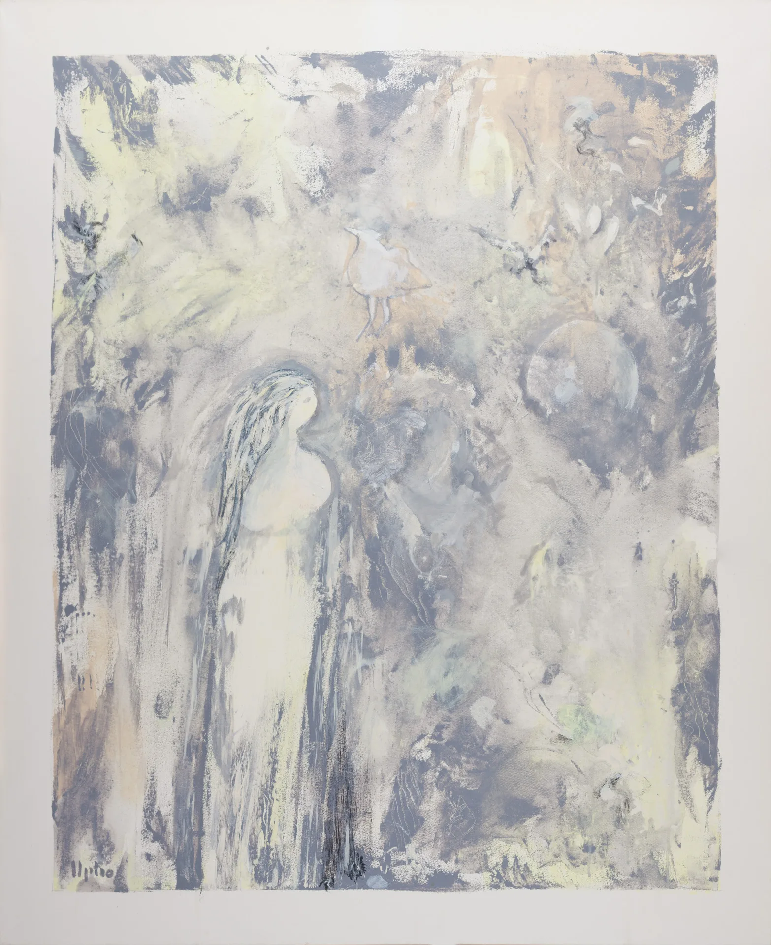 A delicate, veiled-looking surface in gray-white, pale yellow, and sand tones. Left of center stands a slender figure in profile with long flowing hair and bowed head. Above it floats a small pale bird form, with a dull gray sphere on the right. The paint is thinly applied and rubbed away in places.