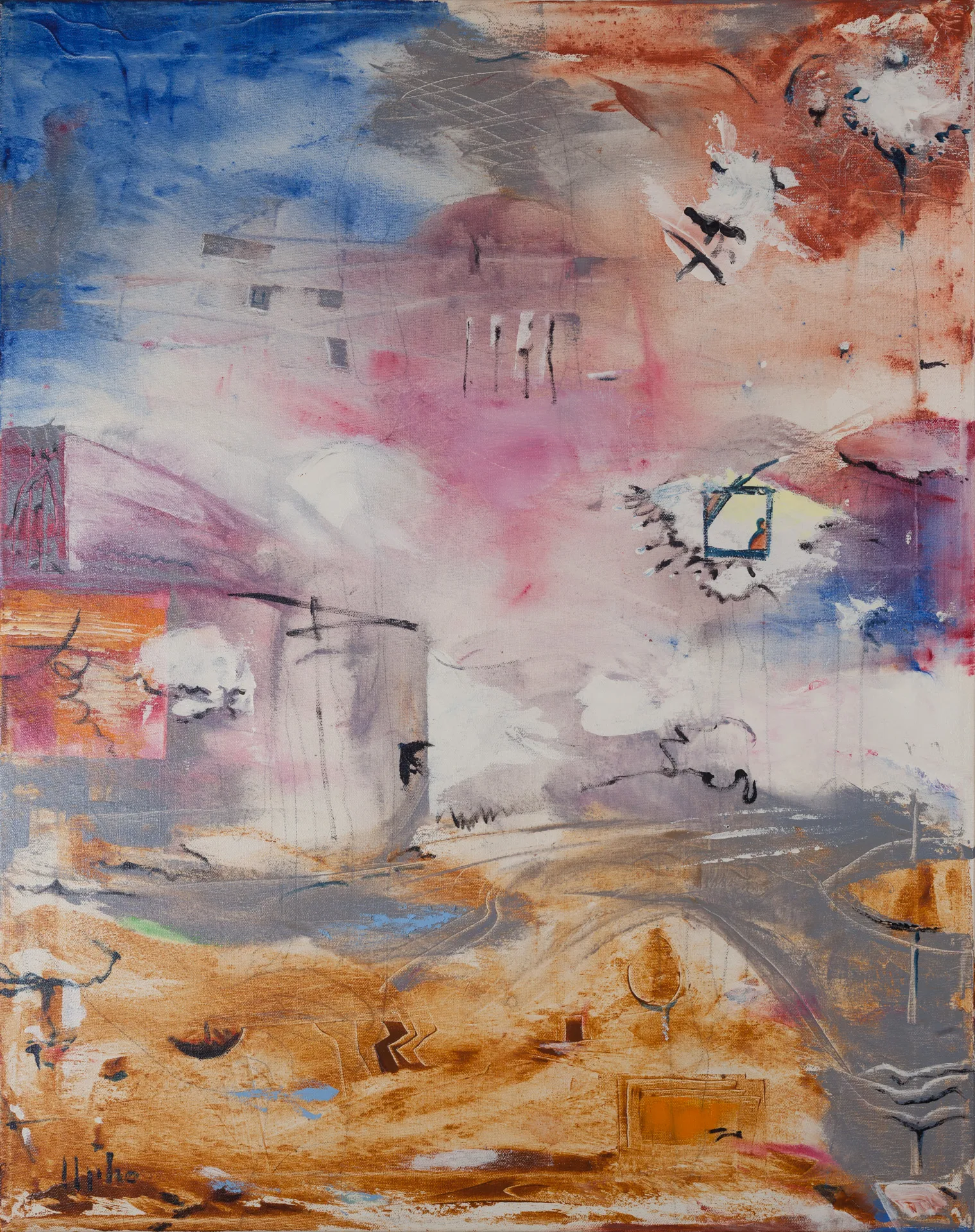 A layered landscape in blue, pink, and rust orange. Deep blue sky at upper left, a rust-red cloud zone at upper right. In the middle, pink-white haze in which pale house forms appear; beside it on the right, a small framed field with yellow ground and a tiny figure. Below, sandy ground with traces, dark marks, and a gray road leading right.