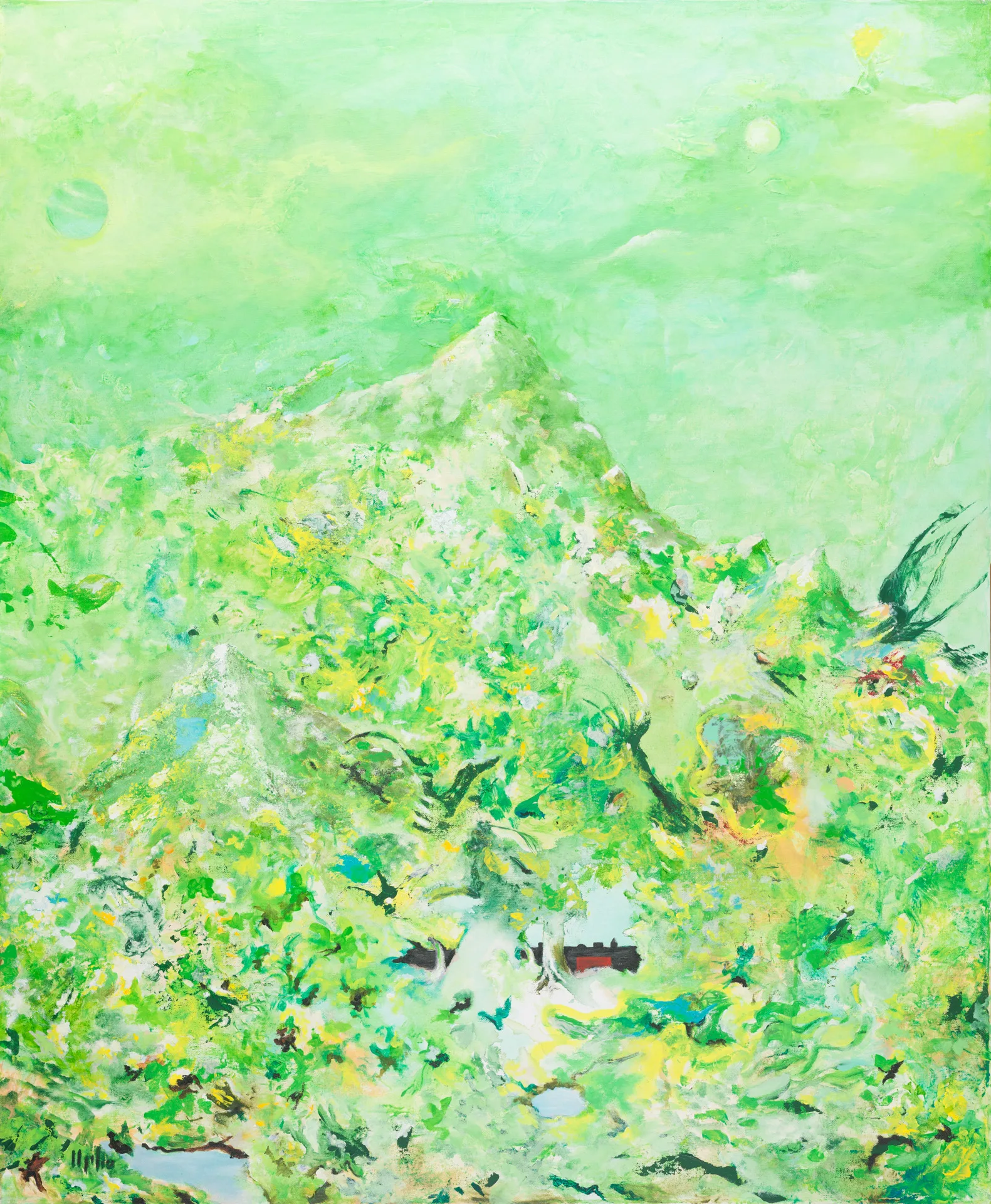 An entirely green picture, ranging from light green through yellow-green to emerald. In the center, a grown-over mountain rises before a pale green sky in which two faint moons stand. From the right, a dark green bird form enters the picture; below lie a white field and a small red-black sign.