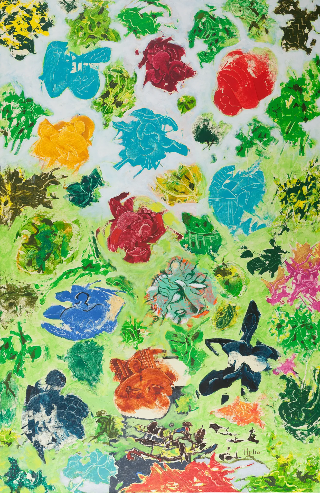 Across a pale green ground, round blossom- or jellyfish-like spots of color are set close together: turquoise, red, orange, cobalt blue, pink, with many greens and ocher brown between. Pale lines are scratched into each spot. The scattering grows denser toward the bottom, ending in a dark band with red accents.