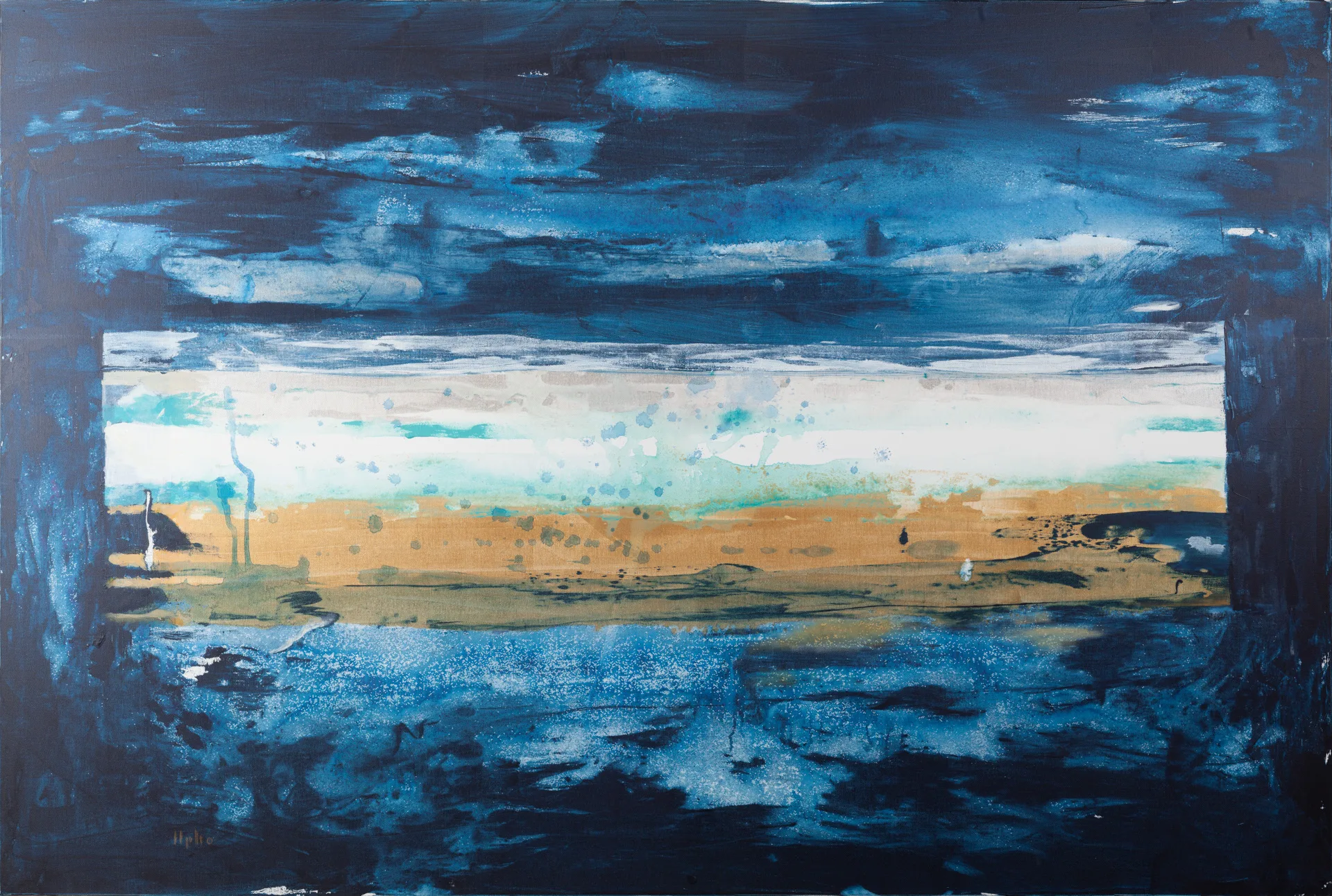 A deep blue, cloudily painted field encloses a pale horizontal strip at the center like a frame. This strip moves from white through turquoise to a broad ocher yellow and back into blue. Small dark dots are scattered within it, with a narrow white vertical mark at the left edge.
