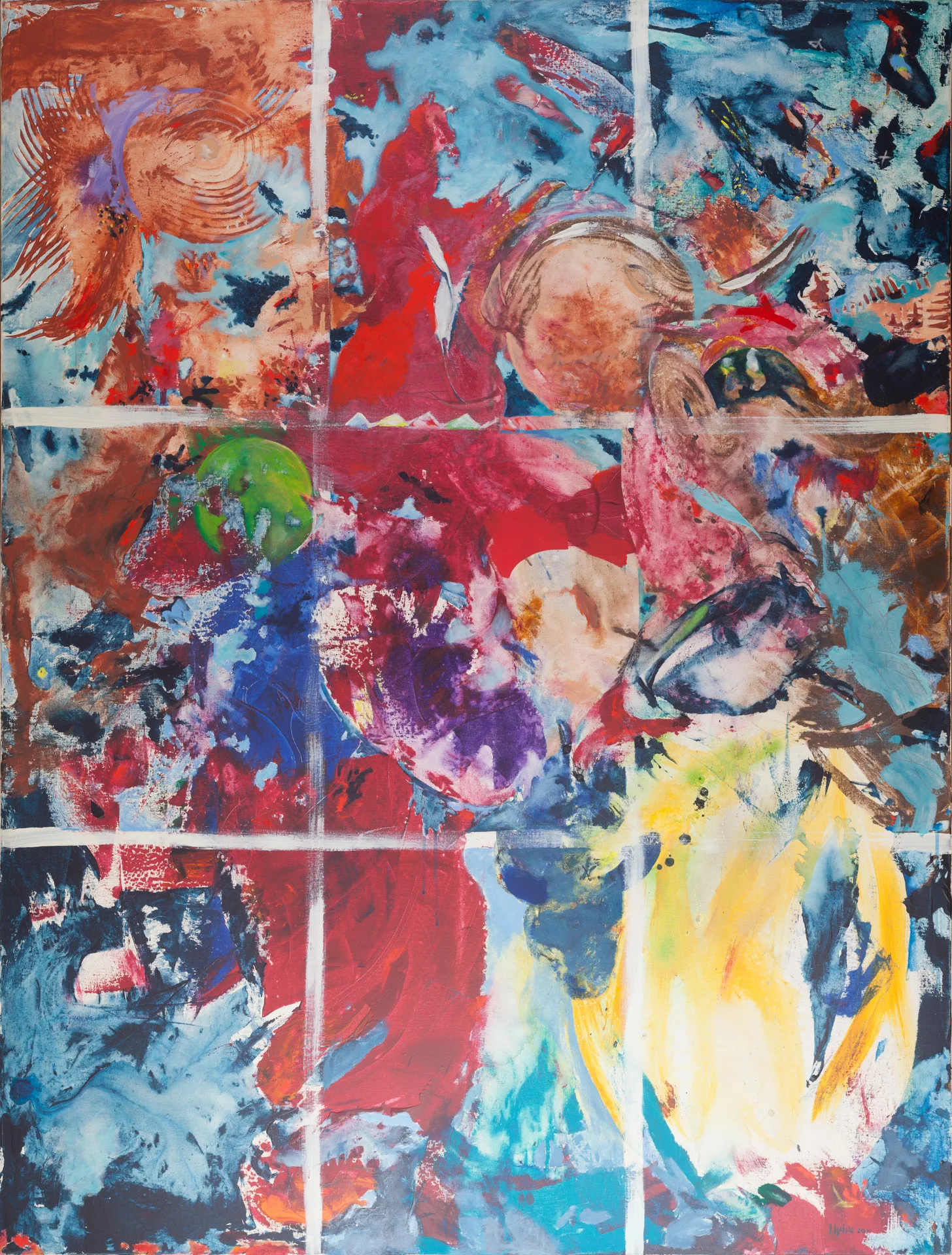 A densely painted portrait-format work, divided into fields by pale lines like a window cross. Within it, rust red, carmine, cobalt blue, violet, and ocher crowd together. At upper left, a feathered vortex; beside it, a large pale head in profile; in the center, a green sphere; at lower right, a yellow flame form.