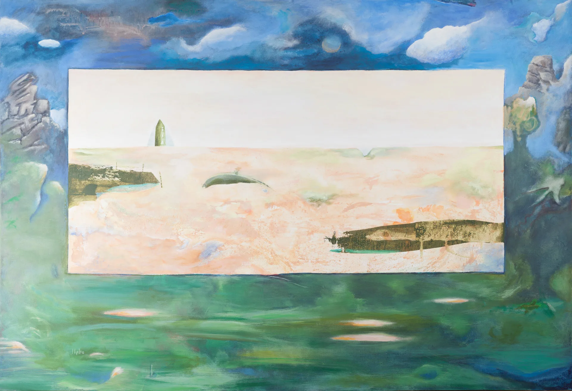 A pale, almost rectangular field sits like a second picture inside a darker landscape. Within it, a wide apricot plain under a white sky, a small pointed sail on the left, a flat dark whale shape in the center, moss-green banks. Around it, blue-gray clouds with a bright moon disk, rock needles on both sides, a dark tree on the right, green water below.