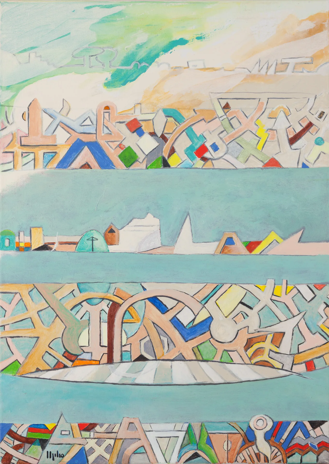 Four horizontal bands lie one above another, separated by calm blue-green. Within the bands, densely interlocked architectural and sign-like forms crowd together in sandy pink, beige, and white, accented with blue, red, yellow, and green. The middle band remains almost empty, holding only a small silhouette of house, dome, and sail.