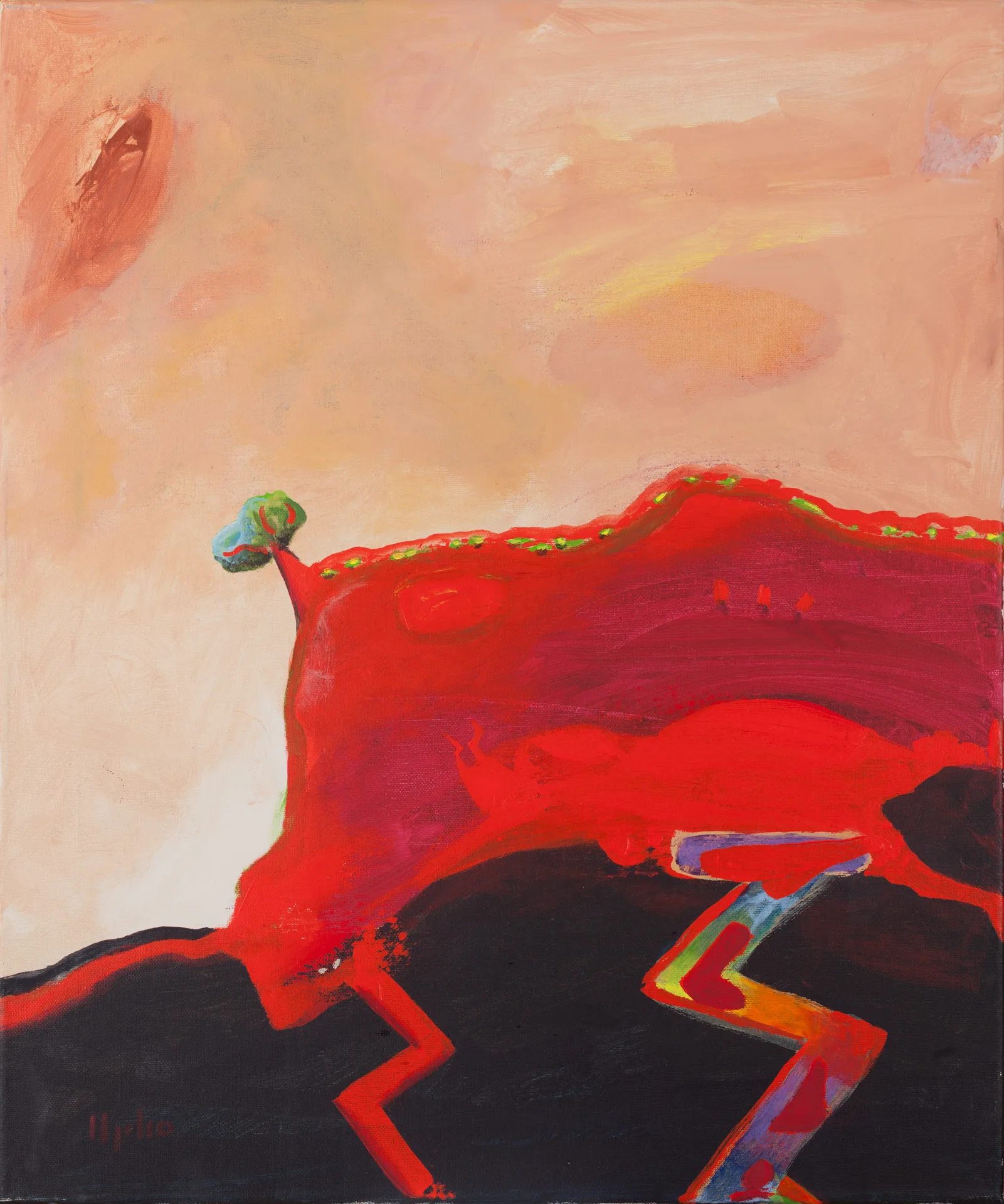 Above a deep black ground lies a glowing red massif, its ridge crowned by a narrow green edge. The sky above is pale apricot with a rust-red patch at upper left. On the left, a small blue-green tree grows from the rock; at lower right, a rainbow-colored zigzag path leads into the dark.