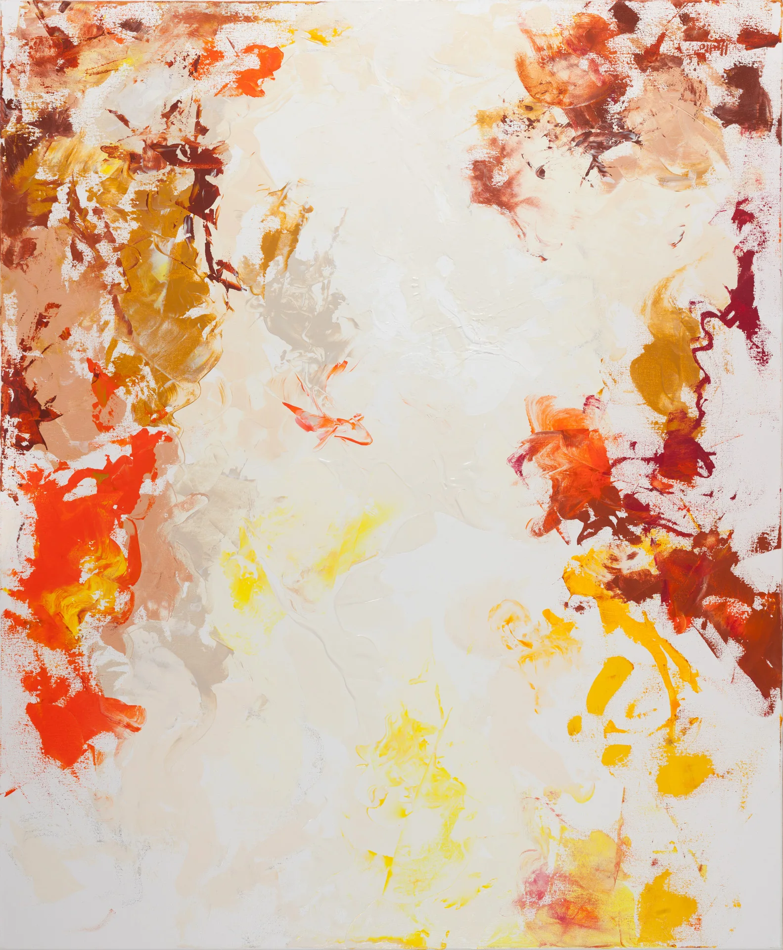 The center of the picture remains almost empty: a large creamy-white surface with a visible brush trace. Pressed toward the left and right edges, warm colors flare up, orange, red, golden yellow, dark red, and brown, in impasto clusters. At the bottom, the yellow dissolves into pale streaks.