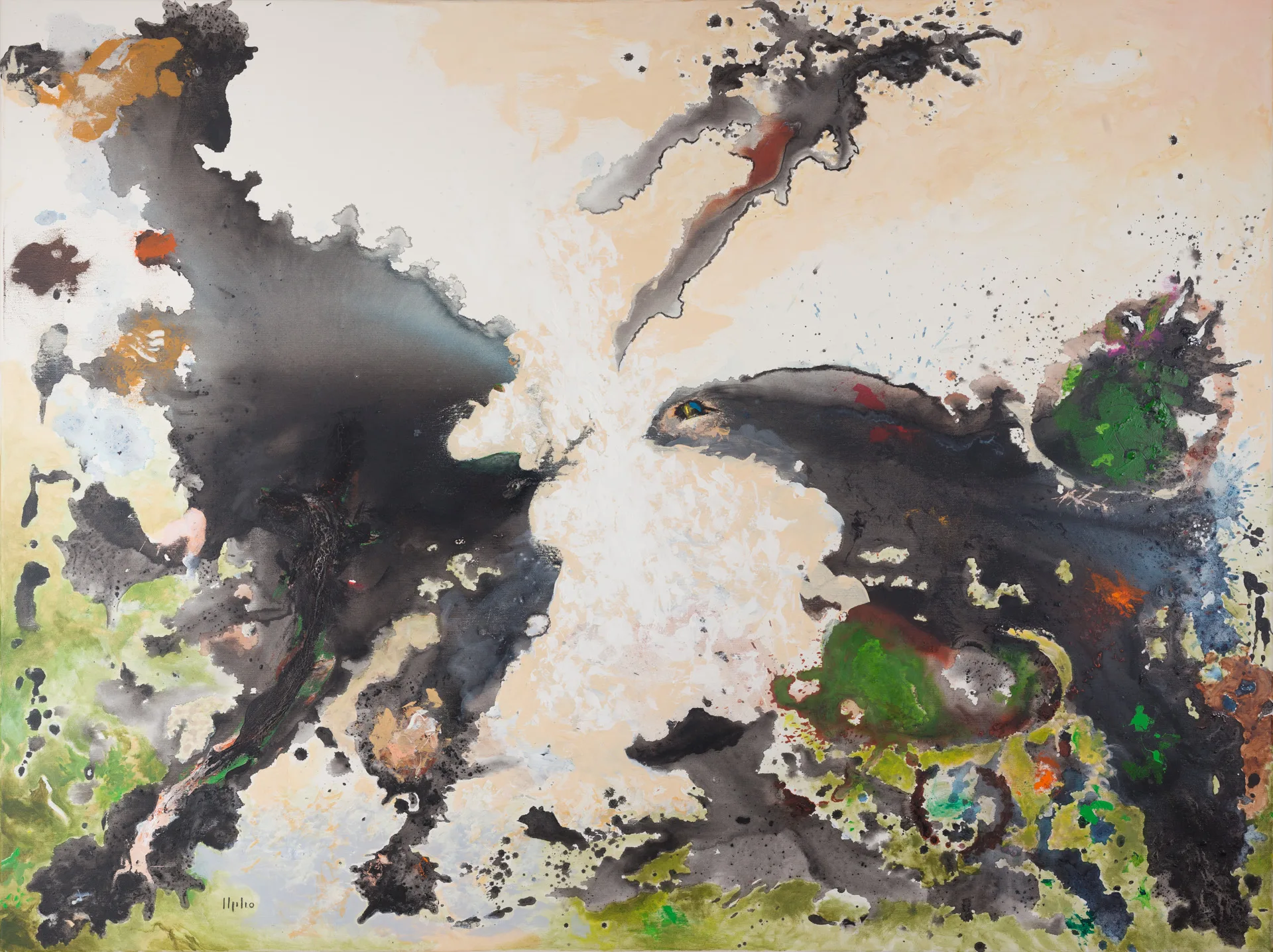Broadly spreading black-gray clouds of color press from left and right toward a pale creamy-white center. At the lower edge and on the right, green areas glow, with orange, red, and ocher dots between them. A single painted eye sits inside the dark form to the right of center.