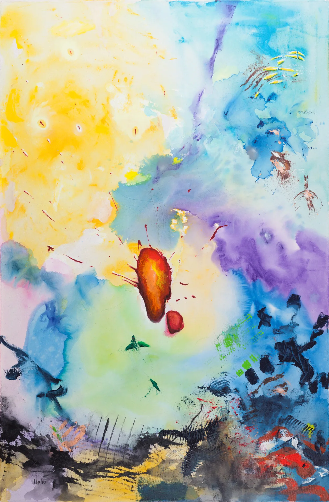 Soft, merging clouds of color: a large yellow at upper left, pale blue and violet on the right, green-yellow below. In the center lies a compact red-orange form like a core, from which fine red specks radiate, with a smaller red drop beneath. Along the lower edge, everything condenses into a jagged black zone with red and green flecks.