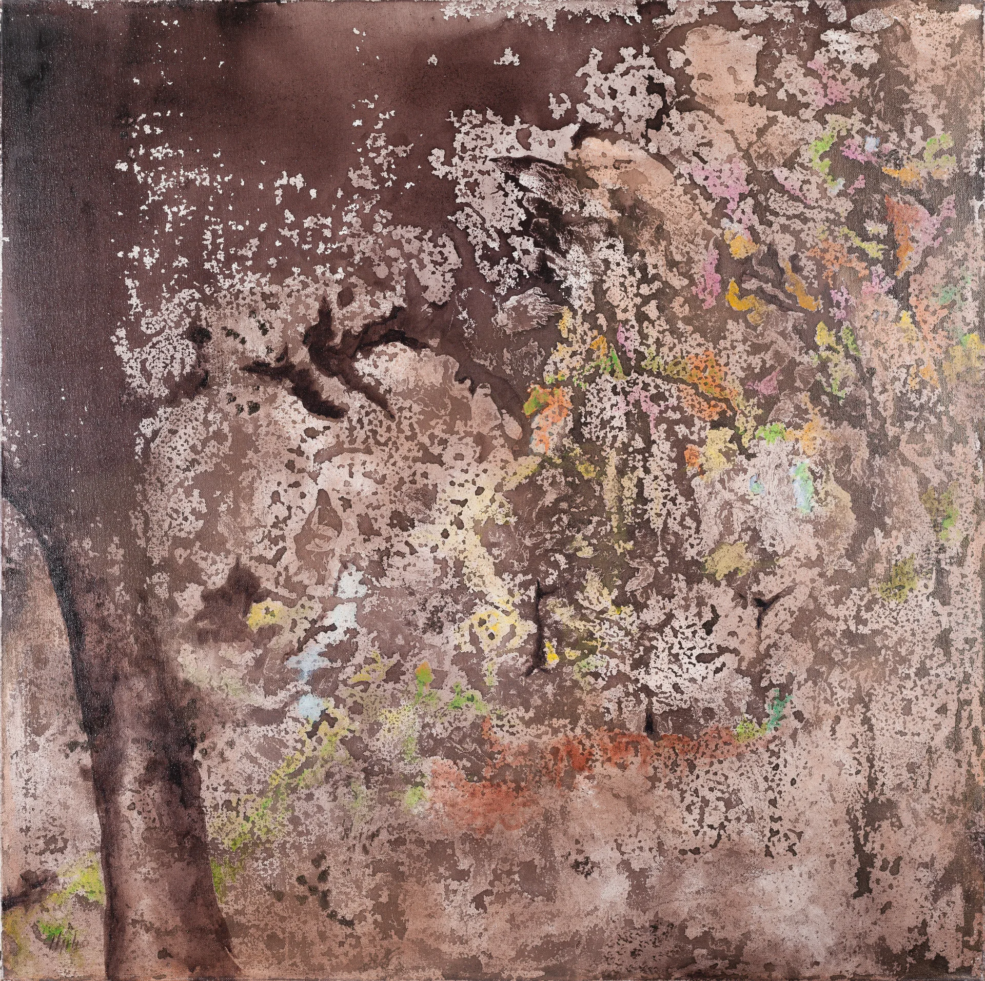 A surface built entirely from brown tones, resembling weathered stone or lichen. Countless pale, moss-like specks spread across the dark ground. On the left stands a dark, slender trunk-like form. Toward the right, pink, yellow, orange, and light green increasingly mingle with the structure.