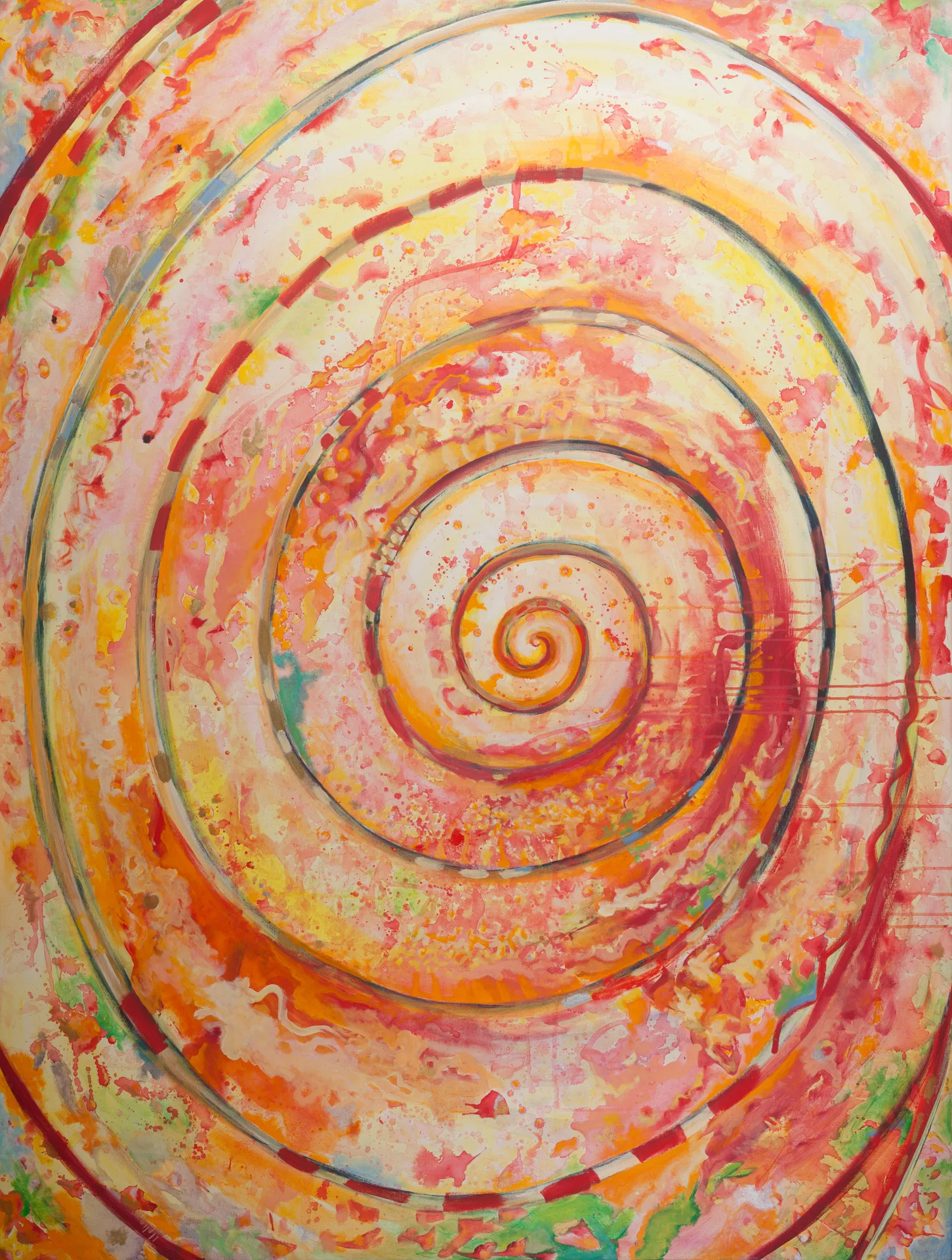 A single spiral winds from the outer edge toward a small dense core at the center. Its bands are drawn in red and dark red, dashed in places, and lie over a mottled surface of coral, apricot, yellow, and creamy white. Fine paint specks are scattered across the whole picture, with isolated green and turquoise flecks at the edges.