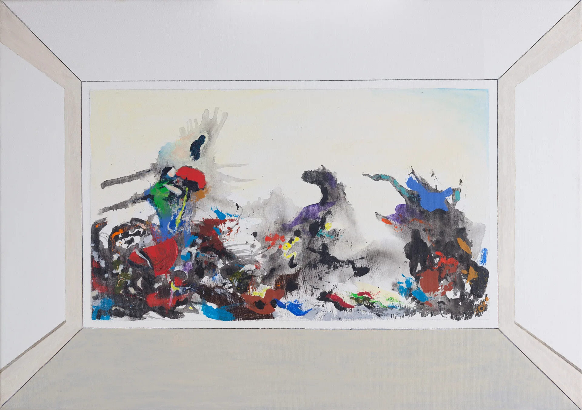 A painted white exhibition room in central perspective. On the back wall, a wide picture: over a cream-colored ground that turns blue at the top, three dense groups of black, gray, red, blue, and green cluster along the lower edge like piled-up debris. The room itself remains empty, without a figure.