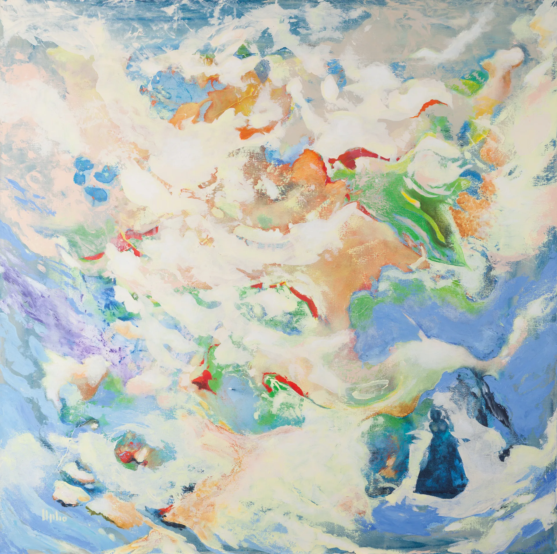 White and cream-colored masses of paint blow across the picture as if foam were being driven over a surface. Beneath and between them, blue, green-yellow, orange, and isolated red flashes emerge. At lower left, a violet shadow; at lower right, two dark blue, almost figurative forms stand.