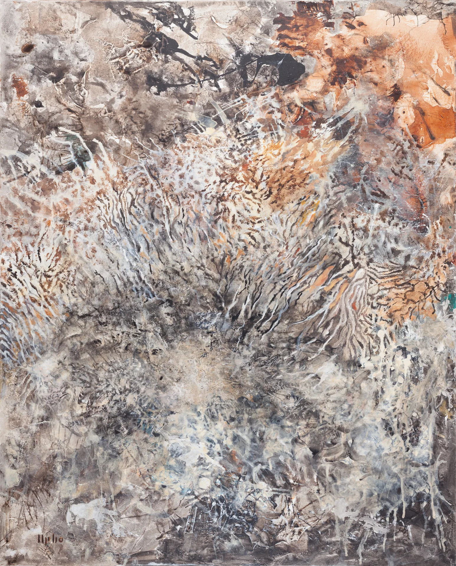 A densely worked surface of gray, sandy brown, and white, covered with thousands of fine fur-like strokes that push outward from the center. A rust-orange zone glows at upper right, with black clusters at upper left. The paint appears scratched and pulled back again.