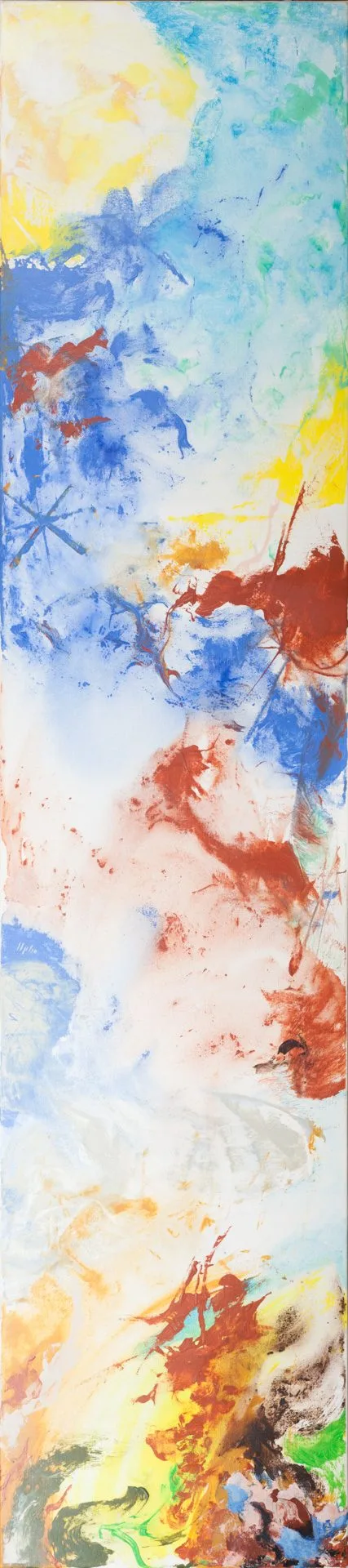 A very narrow, tall format. From top to bottom, the color shifts: first yellow and light blue, then strong cobalt blue, in the middle pale pink-white with rust-red clusters, below again yellow, orange, and a dark remainder. Across long stretches, the ground remains pale and open.