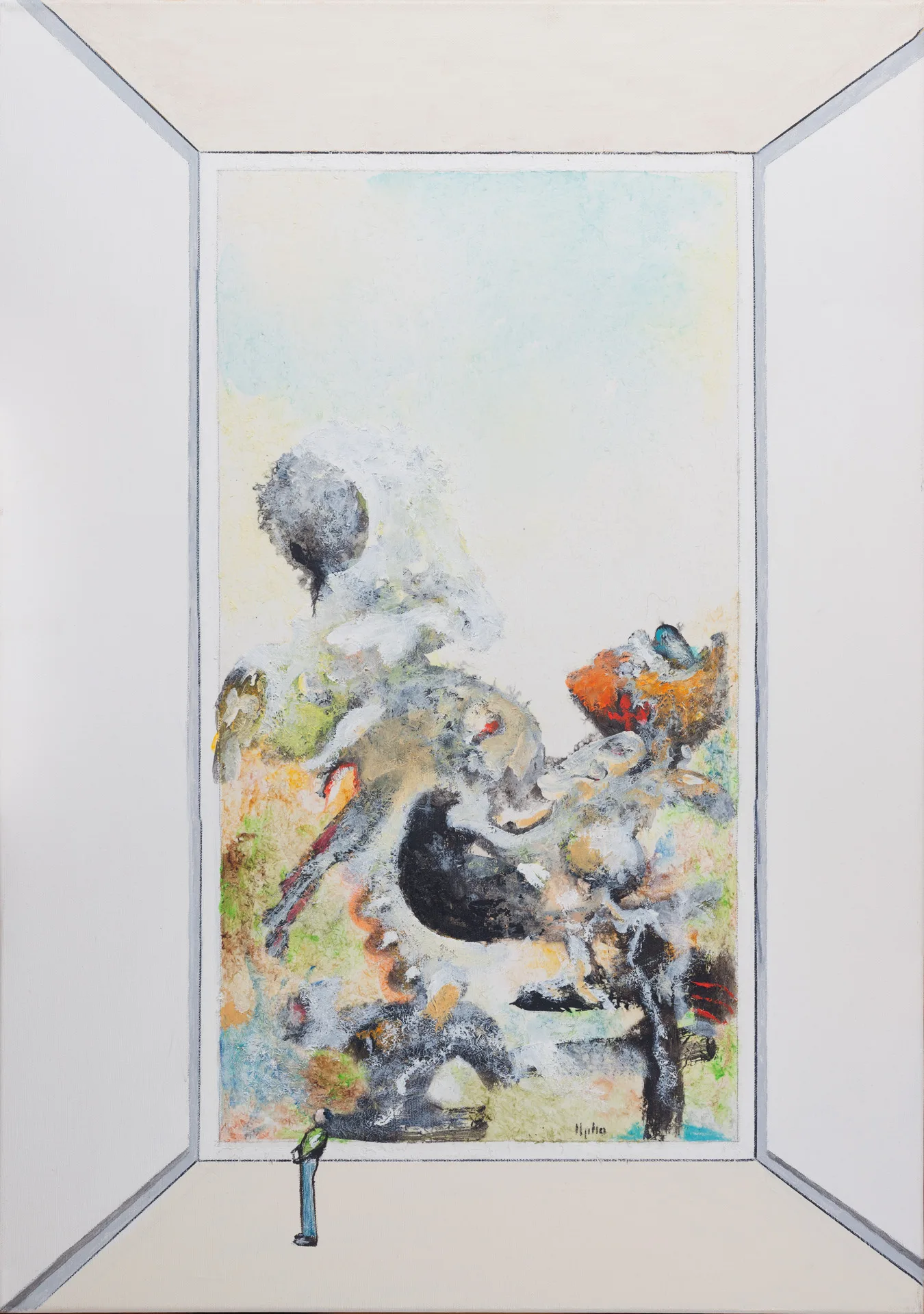 A painted white exhibition room in central perspective. On the back wall hangs a portrait-format picture: over a pale green-yellow ground, gray, black, and orange forms cluster together, with bird and animal figures glimmering within them. In front stands a small solitary viewer, back turned to the viewer.