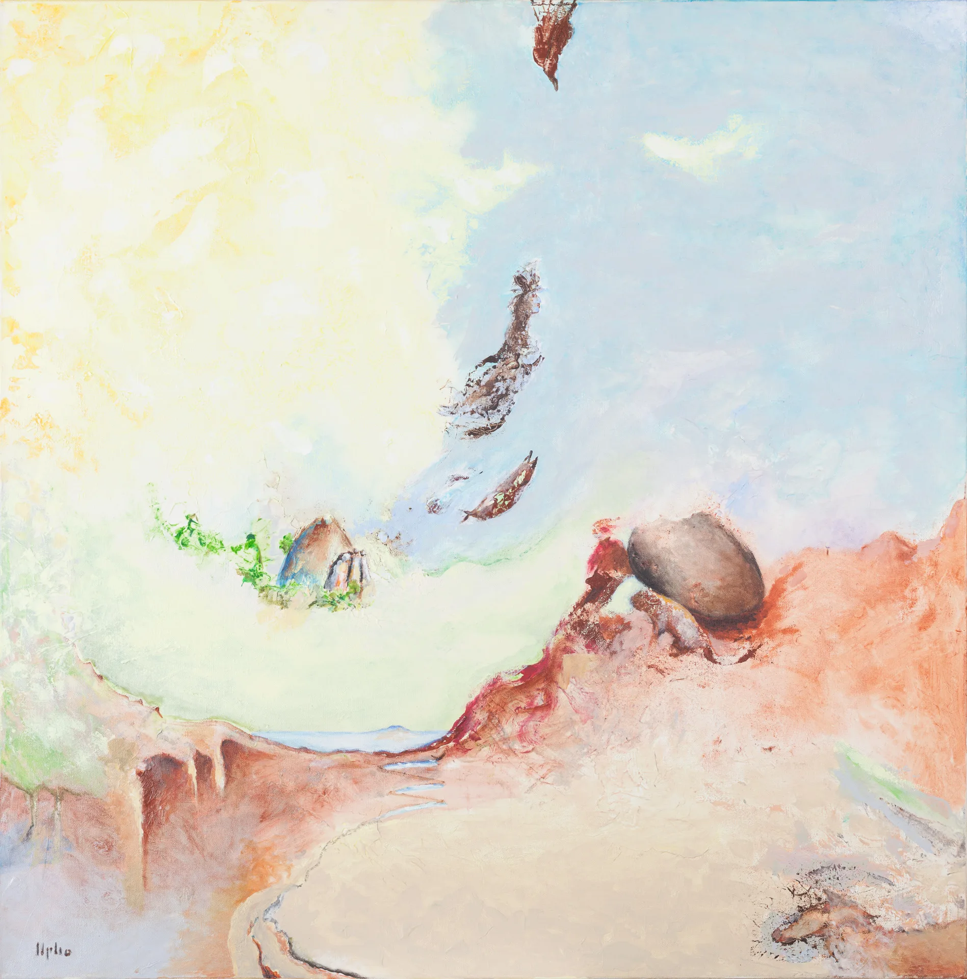 A wide, pale landscape in yellow, light blue, and salmon pink. Right of center, a small red figure pushes a large gray boulder up a sandy slope. To the left, a tiny hut with green growth; above it, several brownish fragments float in the sky. Below, a pale basin with a narrow blue watercourse.
