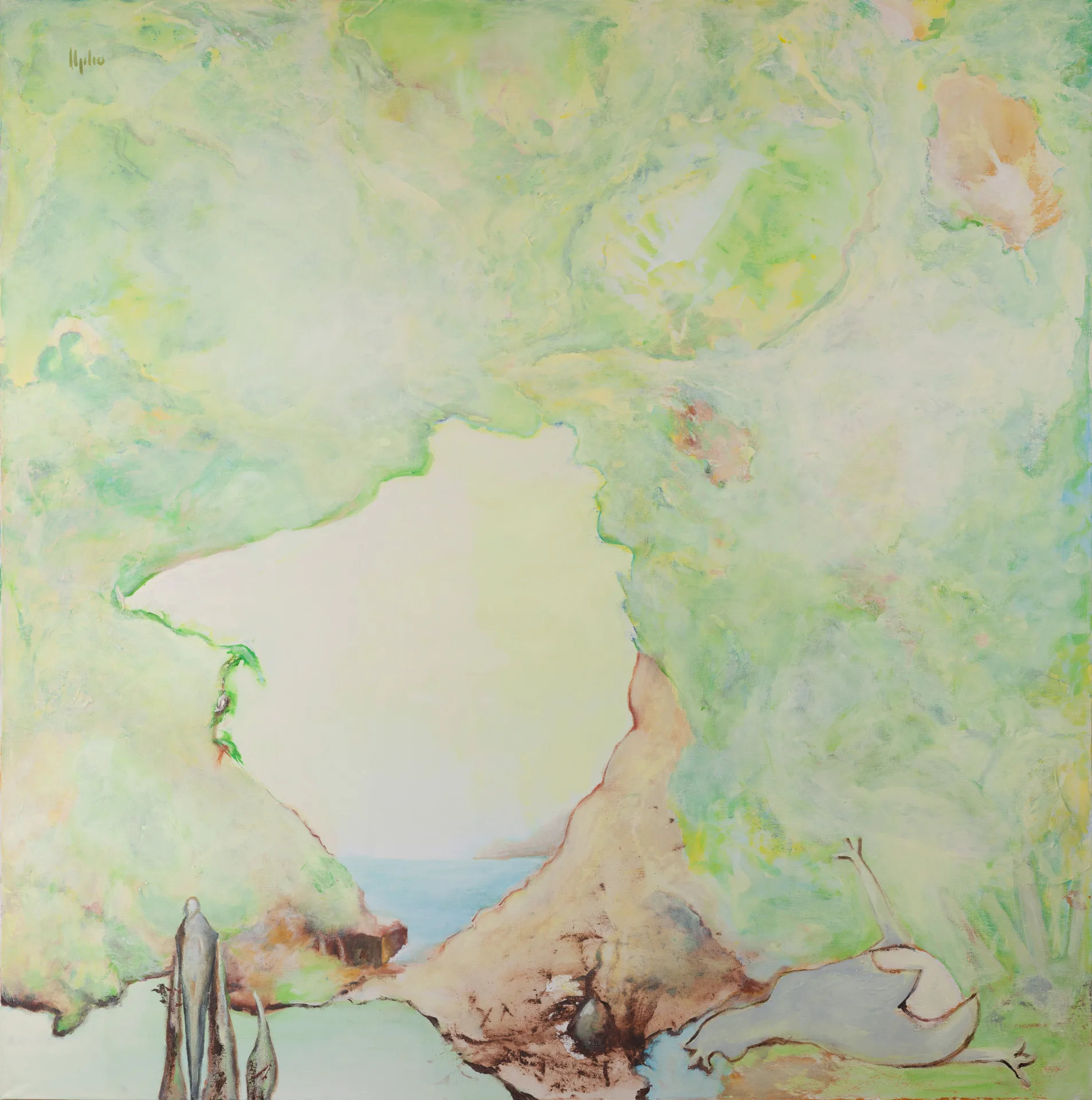 A pale green, cloudily painted surface opens in the middle into an almost white field. Downward, two sandy rock flanks converge and reveal a narrow strip of blue water. At lower left stands a slender gray figure; at lower right lies a pale, animal-like form.
