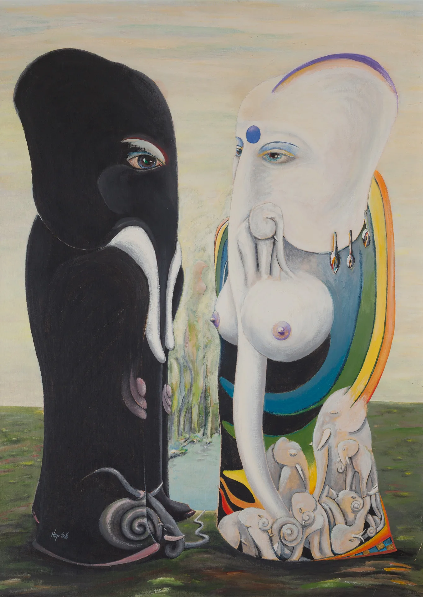 Two standing figures with elephant heads appear before a pale yellow sky and green plain. On the left, a black figure with one blue eye and a pale trunk; at its feet, a creature between snail and elephant. On the right, a white figure with a blue forehead dot, earrings, and rainbow-colored cloak; at its base, a herd of small pale elephants crowds together.